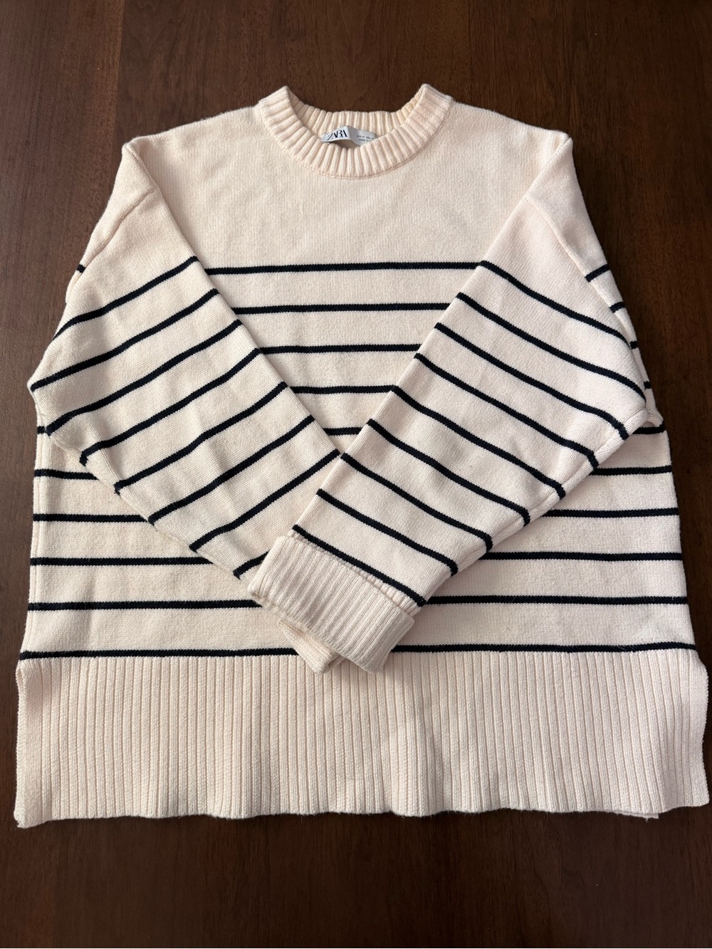 ZARA Cream Striped Crewneck Sweater